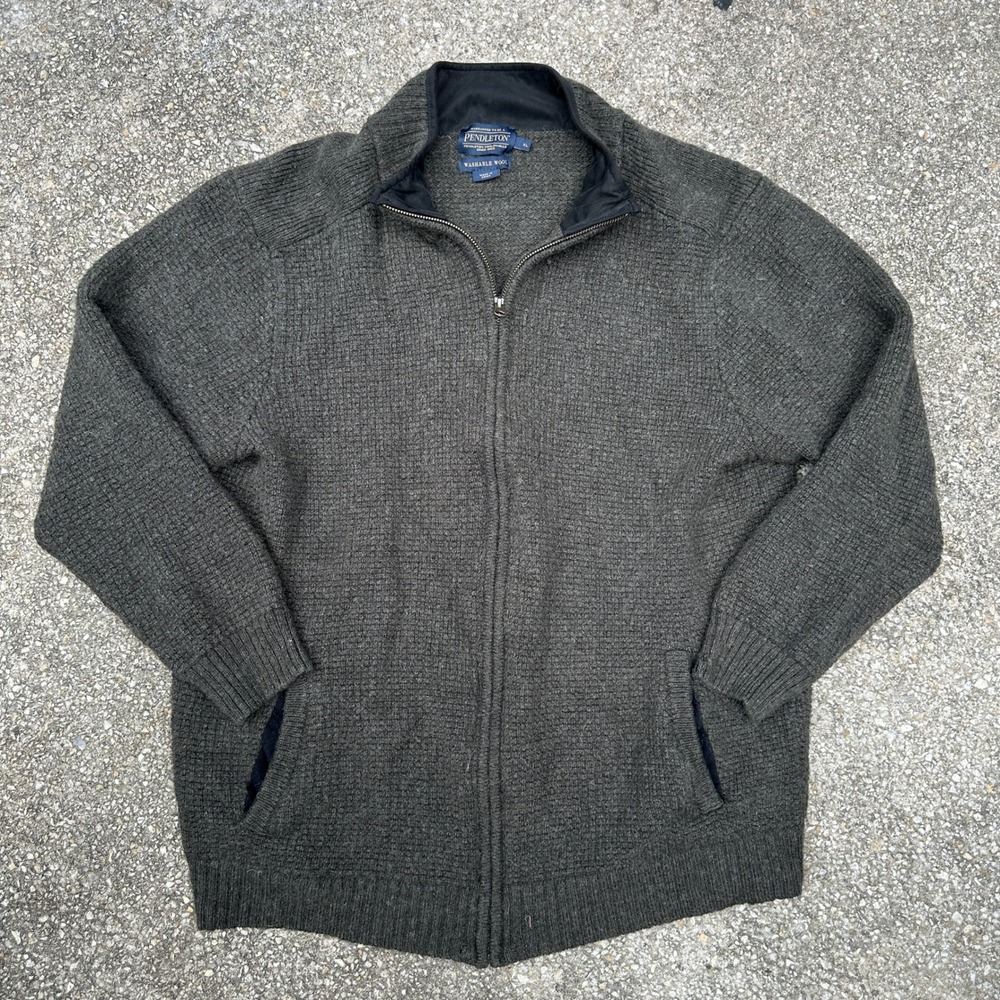 Pendleton Mens XL Washable Wool Full Zip Sweater Grey Brown
